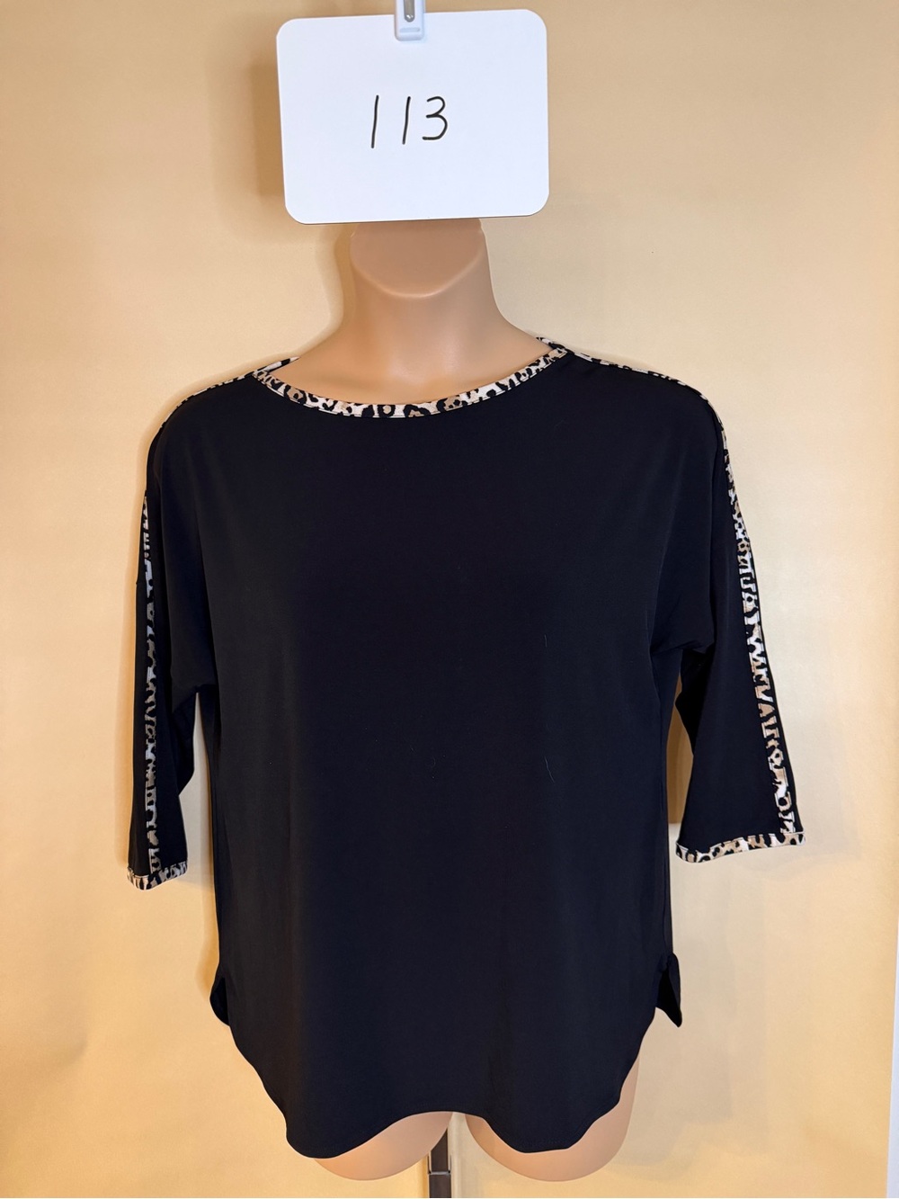 Chico's Black 3/4 Sleeve Top with Leopard-Print Trim